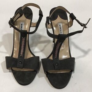 NEW!! Manolo Blahnik Black Leather/Nubuck Women's Sandals Heels Size 37